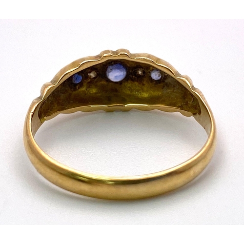 15 - An Antique, Regal 18K Yellow Gold, Diamond and Sapphire Ring. Hallmarks for 1918. Size O. 2.82g tota... 