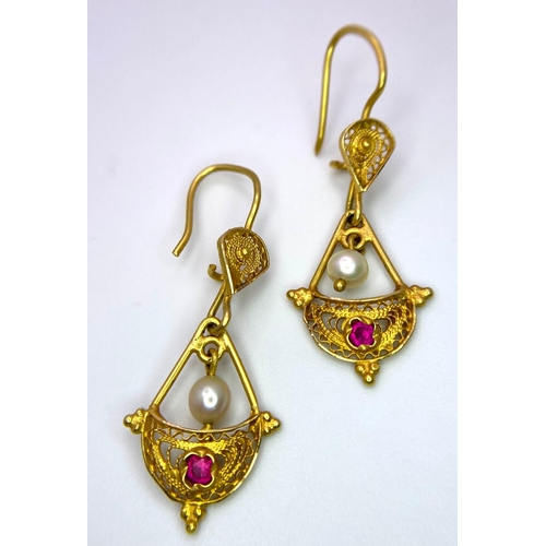50 - A Pair of Antique 18K Yellow Gold, Pearl and Ruby Drop Earrings. Beautiful 'hanging basket' design. ... 
