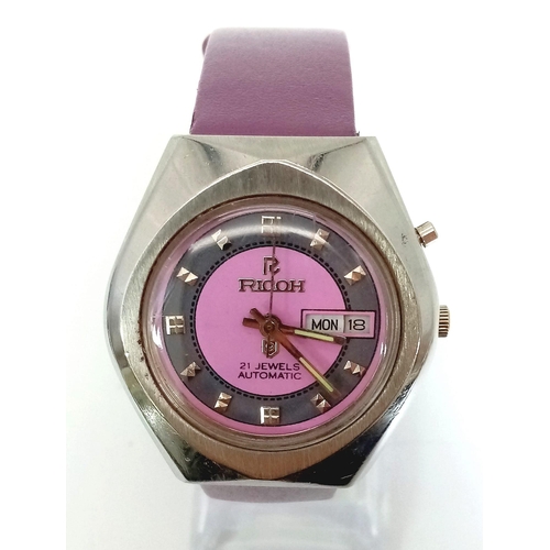 1217 - A Funky Vintage Ricoh 21 Jewel Automatic Watch. Purple leather strap. Case - 37mm. Two tone purple d... 
