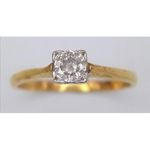 12 - A Vintage 18K Yellow Gold Diamond Solitaire Ring. Brilliant round cut diamond - 0.25ct. Size M. 2.05... 