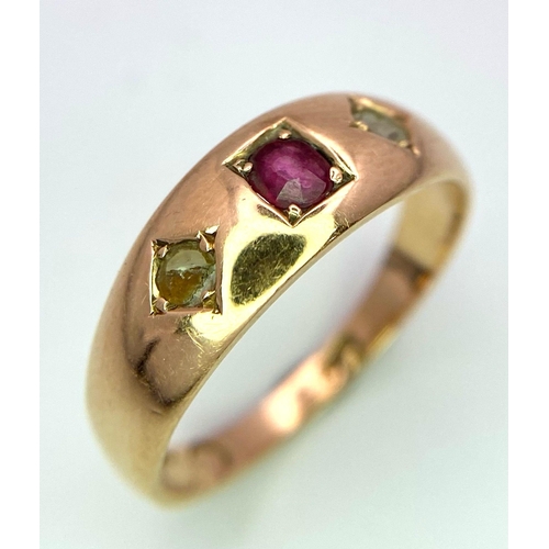 17 - An Antique 15K Gold, Ruby and White Stone Ring. Size N. 3.36g total weight.