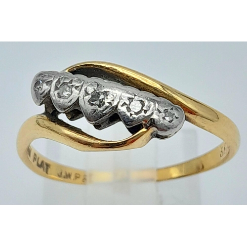 19 - An Antique 18k Gold and Platinum Diamond Crossover Ring. Size M. 2.68g total weight.