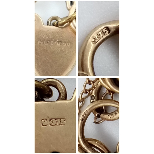 8 - A Vintage 9K Yellow Gold Double Curb Link Bracelet with Heart Clasp. 17cm. 13.54g weight.