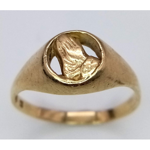1340 - A Vintage 9K Yellow Gold 'See no Evil' Signet Ring. Size M/N.
3.08g weight.