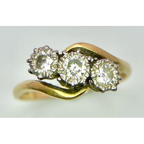 344 - A Vintage 18K Yellow Gold and Platinum Bravingtons Three Diamond Crossover Ring. Size P. 3.51g total... 