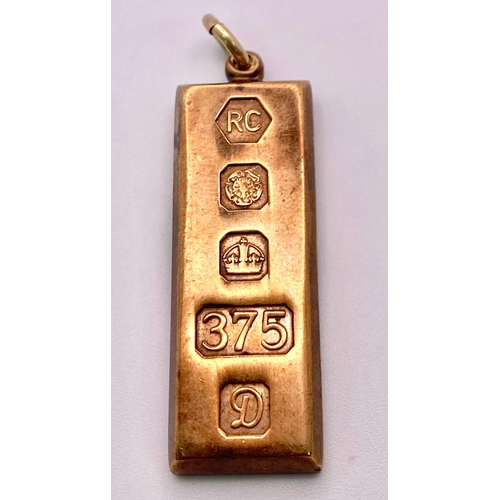 391 - A Vintage 9K Rose Gold Ingot Pendant. Edinburgh hallmarks for 1978. 5cm. 30.88g weight.