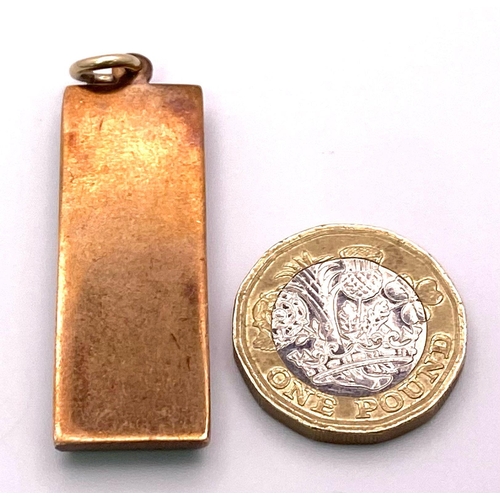 391 - A Vintage 9K Rose Gold Ingot Pendant. Edinburgh hallmarks for 1978. 5cm. 30.88g weight.