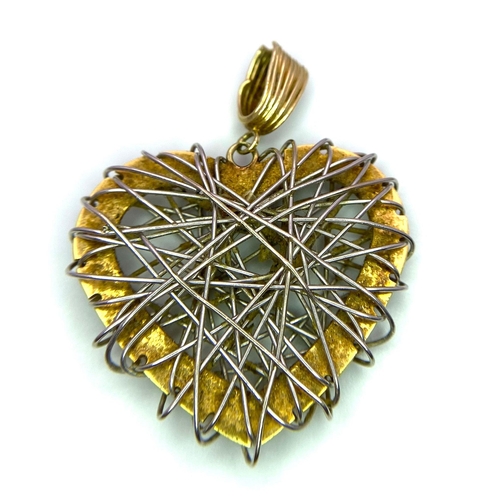 407 - A Vintage Unique 14K Yellow and White Gold 'Barbed Wire' Effect Heart Pendant. 3.5cm. 3.83g weight.