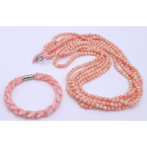1220 - Vintage Style 5-Teir Angel Coral Necklace (52cm) and bracelet with magnetic clasp (6cm in diameter).