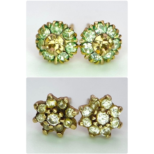 1791 - Two Pairs of 9K Gold White and Green Stone Stud Earrings. No backs. 1.92g total weight.