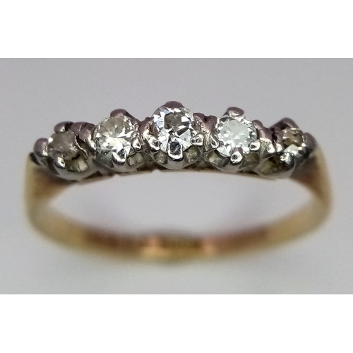 95 - An Antique 18K Yellow Gold and Platinum Diamond Five Stone Ring. Size M/N. 2.18g total weight.