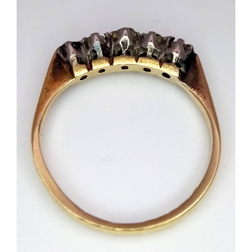 95 - An Antique 18K Yellow Gold and Platinum Diamond Five Stone Ring. Size M/N. 2.18g total weight.