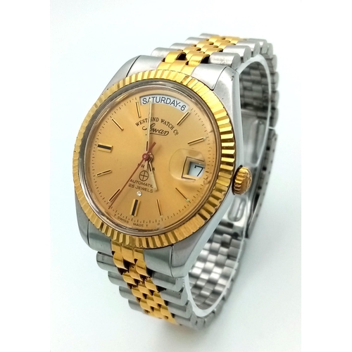 131 - A West End Watch Co. Prima Automatic 25 Jewel Gents Watch. Two tone bracelet and case - 37mm. Gold t... 