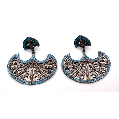 167 - A rare and fascinating, antique, ART NOUVEAU, silver pair of fan-shaped earrings with enamel and old... 