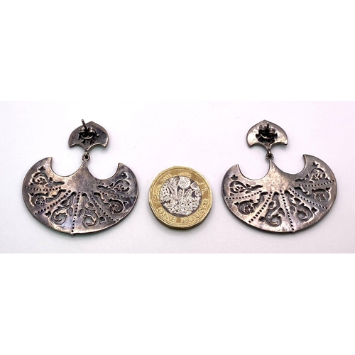 167 - A rare and fascinating, antique, ART NOUVEAU, silver pair of fan-shaped earrings with enamel and old... 