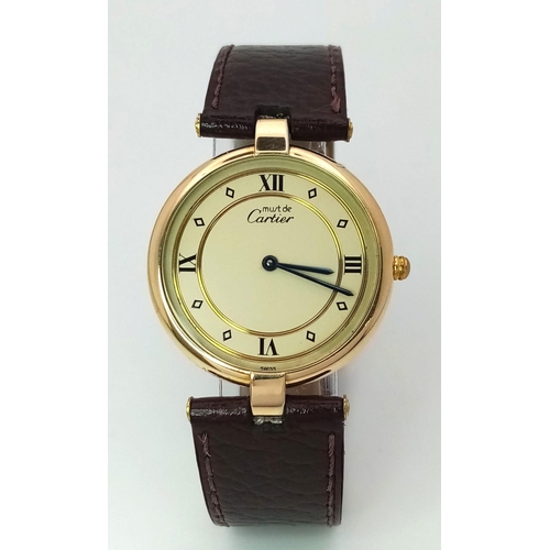 465 - A Must de Cartier Quartz Gents Vermeil 925 Silver Watch. Brown leather strap. Vermeil case - 30mm. C... 