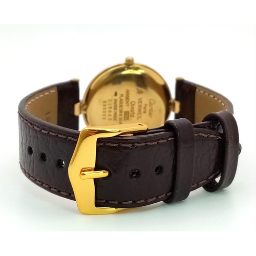 465 - A Must de Cartier Quartz Gents Vermeil 925 Silver Watch. Brown leather strap. Vermeil case - 30mm. C... 