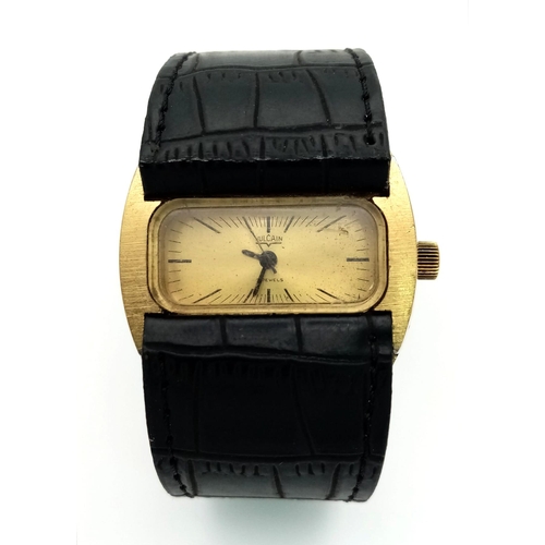 487 - A Rare Vintage Vulcain 17 Jewels Gents Watch. Black leather strap. Gold plated rectangular case. Mec... 