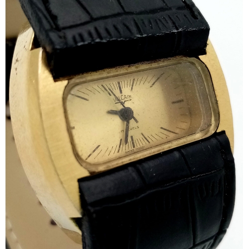 487 - A Rare Vintage Vulcain 17 Jewels Gents Watch. Black leather strap. Gold plated rectangular case. Mec... 