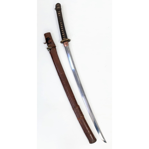 5 - WW2 Japanese Officers Type 98 Shin-Guntō Sword. Leather combat scabbard. Nice markings on the Tang, ... 