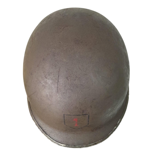 323 - WW2 US Fixed Bale M1 Helmet with insignia of the 1st Infantry Division. “The Big Red 1”.