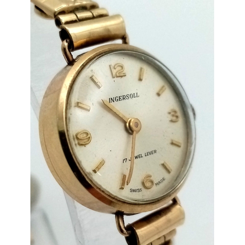 45 - A Vintage 9K Gold Cased Ingersoll Ladies Watch. Rolled gold expandable bracelet. 9K gold case - 20mm... 