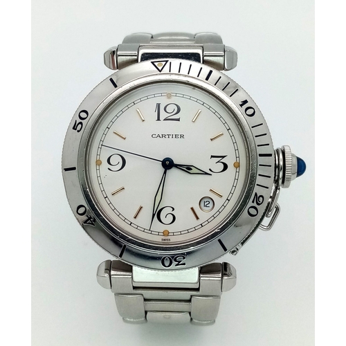 143 - A CARTIER PASHA STAINLESS STEEL AUTOMATIC WATCH WITH STAINLESS STEEL STRAP , WHITE DIAL  39mm