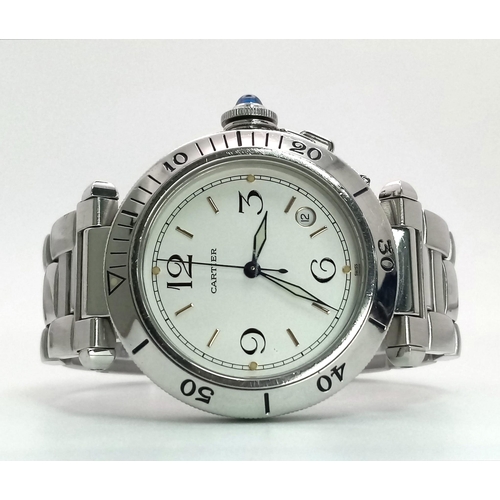 143 - A CARTIER PASHA STAINLESS STEEL AUTOMATIC WATCH WITH STAINLESS STEEL STRAP , WHITE DIAL  39mm