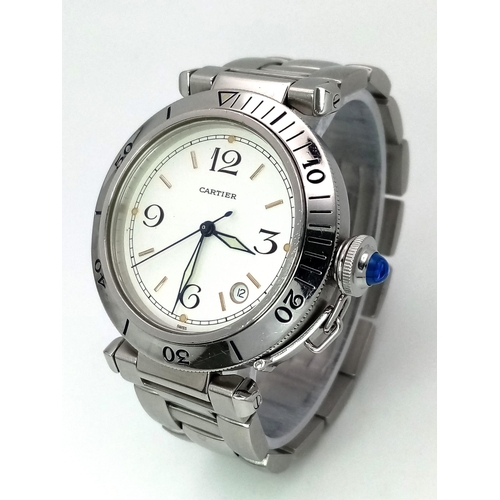 143 - A CARTIER PASHA STAINLESS STEEL AUTOMATIC WATCH WITH STAINLESS STEEL STRAP , WHITE DIAL  39mm