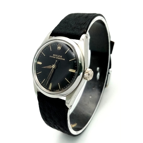 369 - A ROLEX VINTAGE UNISEX OYSTER- SPEEDKING WATCH IN STAINLESS STEEL WITH BLACK LEATHER STRAP . 30mm