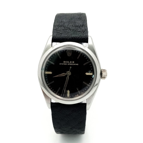 369 - A ROLEX VINTAGE UNISEX OYSTER- SPEEDKING WATCH IN STAINLESS STEEL WITH BLACK LEATHER STRAP . 30mm