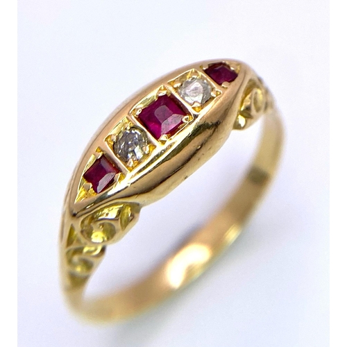 41 - A VINTAGE 18K YELLOW GOLD DIAMOND & RUBY RING. TOTAL WEIGHT 4.3G. SIZE O