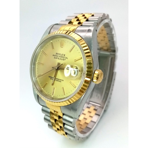 43 - THE CLASSIC ROLEX OYSTER PERPETUAL DATEJUST IN BI-METAL WITH GOLDTONE DIAL .   36mm