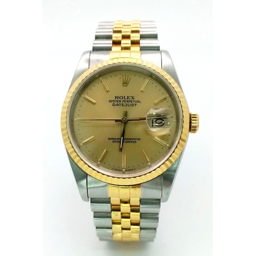 43 - THE CLASSIC ROLEX OYSTER PERPETUAL DATEJUST IN BI-METAL WITH GOLDTONE DIAL .   36mm