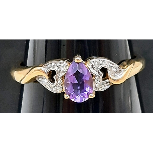 1347 - A 9K Yellow Gold Pear-Cut Amethyst and Diamond Dress Ring. Boxed. Amethyst - 0.45ct approx. Diamonds... 