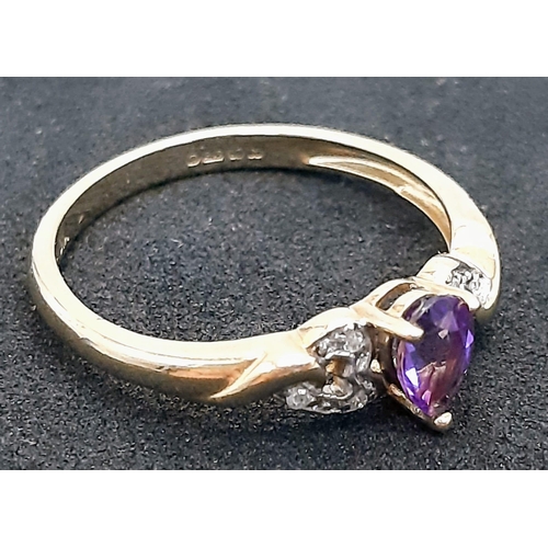 1347 - A 9K Yellow Gold Pear-Cut Amethyst and Diamond Dress Ring. Boxed. Amethyst - 0.45ct approx. Diamonds... 