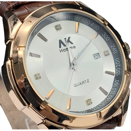 1800 - An Excellent Condition Men’s Rose Gold Tone Quartz Date Watch by AK Homme. 46mm Including Crown. New... 