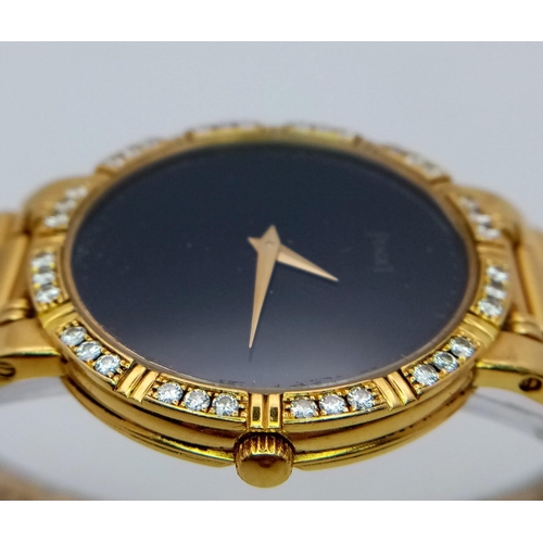 237 - A PIAGET 18K GOLD LADIES DRESS WATCH WITH DIAMOND BEZEL , GOLD HANDS ON A BLACK DIAL , QUARTZ MOVEME... 