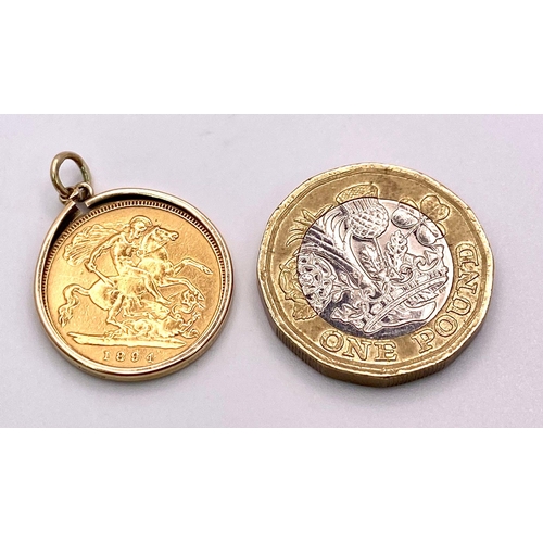 351 - A 22k yellow gold half sovereign coin dated 1894, set in 9ct yellow gold bezel pendant mount (total ... 