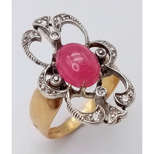 360 - An Art Deco 18K Yellow Gold, Burmese Ruby and Diamond Ring. Size L/M. Ruby cabochon in an old cut di... 