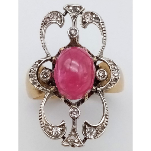 360 - An Art Deco 18K Yellow Gold, Burmese Ruby and Diamond Ring. Size L/M. Ruby cabochon in an old cut di... 