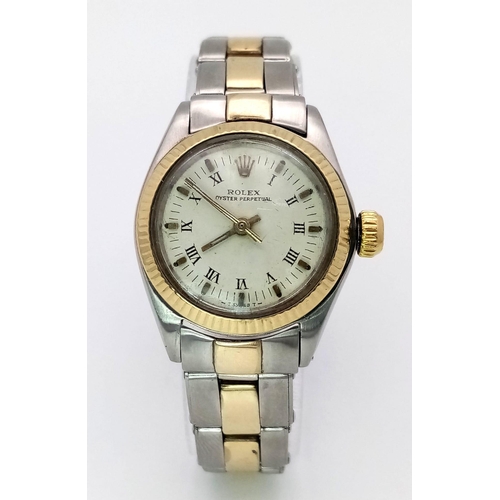 370 - A VINTAGE LADIES ROLEX OYSTER PERPETUAL BI-METAL WRIST WATCH WITH ROMAN NUMERALS AND WHITE DIAL .  2... 