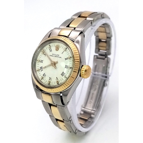 370 - A VINTAGE LADIES ROLEX OYSTER PERPETUAL BI-METAL WRIST WATCH WITH ROMAN NUMERALS AND WHITE DIAL .  2... 