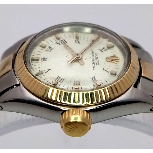 370 - A VINTAGE LADIES ROLEX OYSTER PERPETUAL BI-METAL WRIST WATCH WITH ROMAN NUMERALS AND WHITE DIAL .  2... 