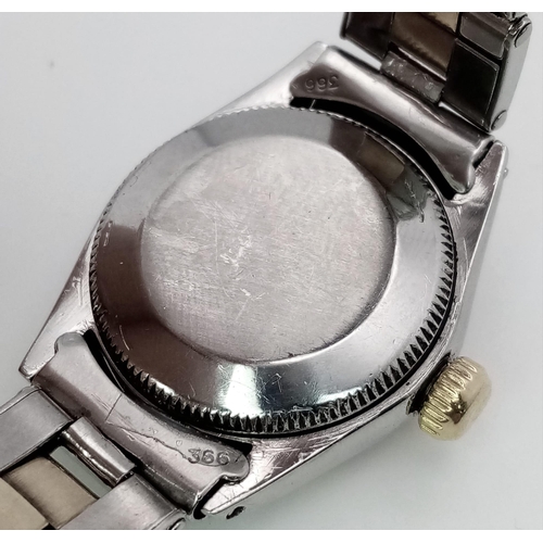 370 - A VINTAGE LADIES ROLEX OYSTER PERPETUAL BI-METAL WRIST WATCH WITH ROMAN NUMERALS AND WHITE DIAL .  2... 