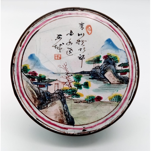 405 - A superb rare 18th Century Chinese Enamelled Box. Wonderful colour, calligraphy inscribed 
 with a m... 