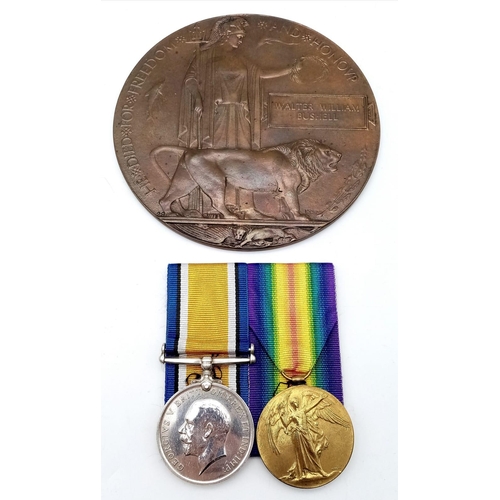 394 - WW1 British Medal Due and Death Plaque to: S/18304 Pte Walter William Bushell 16th Battalion The Rif... 