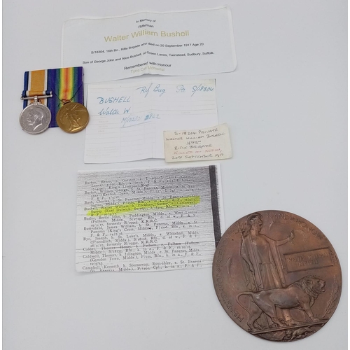 394 - WW1 British Medal Due and Death Plaque to: S/18304 Pte Walter William Bushell 16th Battalion The Rif... 