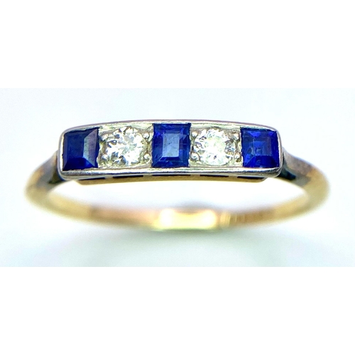 414 - A 18K YELLOW GOLD VINTAGE POSSIBLY ANTIQUE DIAMOND & SAPPHIRE 5 STONE RING 0.12CT D & 0.30CT S 1.5G ... 