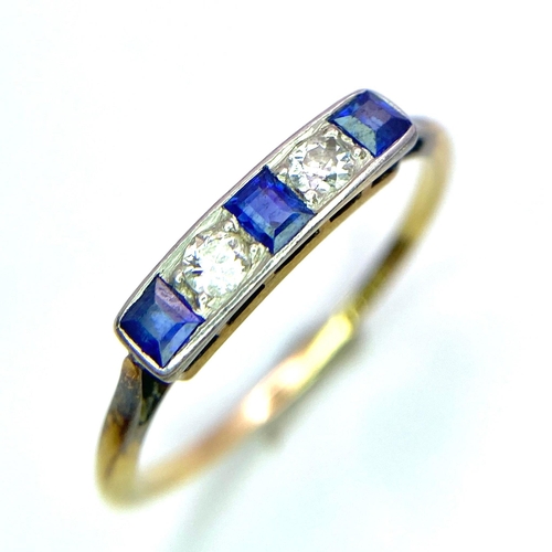 414 - A 18K YELLOW GOLD VINTAGE POSSIBLY ANTIQUE DIAMOND & SAPPHIRE 5 STONE RING 0.12CT D & 0.30CT S 1.5G ... 